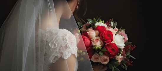 Wall Mural - Radiant Bride Holding Lush Wedding Bouquet of Flowers Under Veil