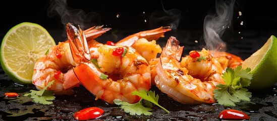 Poster - Vibrant Plate of Grilled Shrimp and Fresh Limes, a Refreshing Seafood Delight