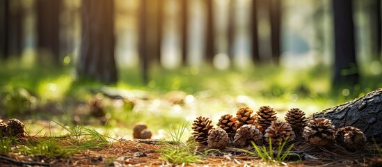 Wall Mural - Sunlit Forest Floor Covered in Pine Cones and Stumps in the Spring Mountains