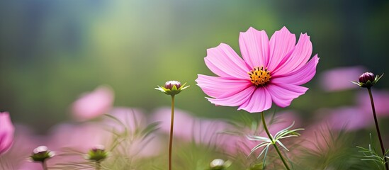 Sticker - Vibrant Pink Cosmos Flower Blooms In Lush Green Grass Field Closeup Photography