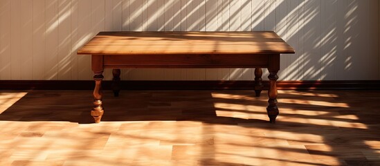 Poster - Serene Wooden Table Elegantly Captures Shadows of Lush Tree Leaves in Sunlight