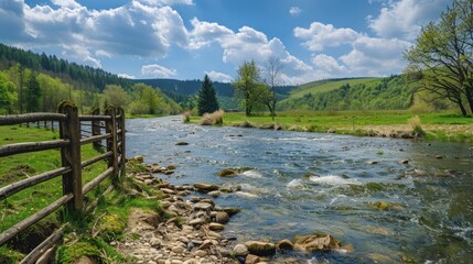 Wall Mural - A scenic view of a river running through a lush green countryside. Perfect for nature and landscape themes