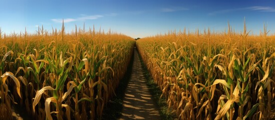 Sticker - Golden Cornstalks in a Lush Field Maze Under a Clear Blue Sky at Corn Maze in Dundee Michigan