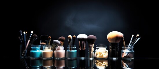 Poster - Professional Beauty Tools Collection: Assorted Makeup Brushes and Cosmetic Products on Dark Surface