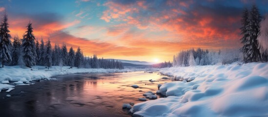 Poster - tranquil winter river at sunset: a stunning dusk landscape with snow-covered trees and icy waters