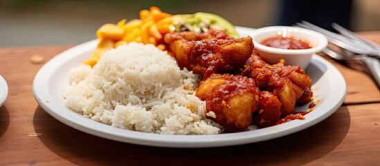 Sticker - Savory Rice and Fried Delights with Flavorful Sauce on Eco-Friendly Plate