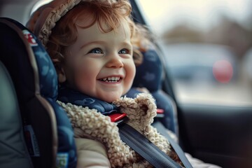 Wall Mural - Smiling child strapped in a car seat 