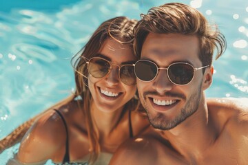 Wall Mural - smiling happy couple having fun together in resort swimming pool. summer vacation, getaway travel. banner with copy space 