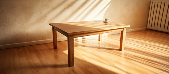 Sticker - Rustic Wooden Table Illuminated by Sunlight Shadows, Interior Design Concept