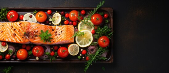 Canvas Print - Vibrant Baked Salmon Fillet Served with Fresh Tomatoes, Onions, and Lemon Wedges