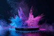 black Podium stand studio stage 3d ,background 3d for product or cosmetics presentation. Colored powder explosion, pink, blue, purple colors paint powder splash around podium on black background