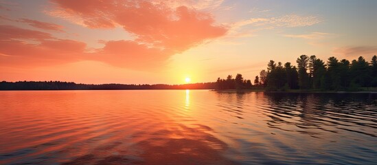 Poster - Tranquil Sunset Scenery: Serene Lake with a Reflective Boat Bathed in Warm Sunlight