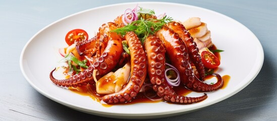 Poster - Delicious Octopus Tentacles Served with Fresh Vegetables on a White Plate