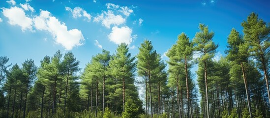 Poster - Majestic Pine Forest Bathed in Sunlight Under a Clear Blue Sky