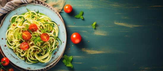 Wall Mural - Vibrant Zucchini Noodles Salad with Cherry Tomatoes and Basil on a Plate