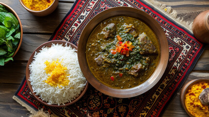 Iranian Ghormeh Sabzi, herb stew with beef, served with saffron rice on a Persian rug. Traditional Persian cuisine concept for design and print