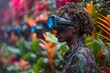 A person immersed in a virtual reality experience, their senses replaced by a pixelated tropical paradise
