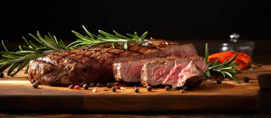 Poster - Juicy Grilled Ribeye Beef Steak - Sizzling Delight on Wooden Cutting Board