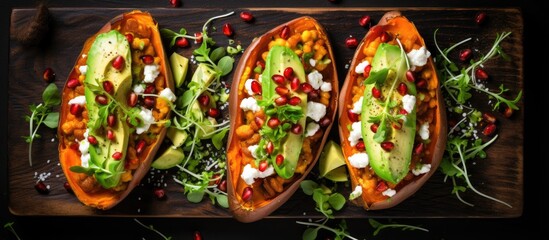 Wall Mural - Fresh and Healthy Vegan Sweet Potato Toast with Roasted Chickpeas and Goat Cheese Sauce on Wooden Cutting Board