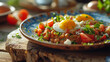 Egyptian Ful Medames with boiled eggs, traditional bean dish