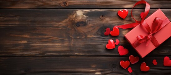 Poster - Romantic Red Box Filled with Hearts Resting on a Rustic Wooden Background