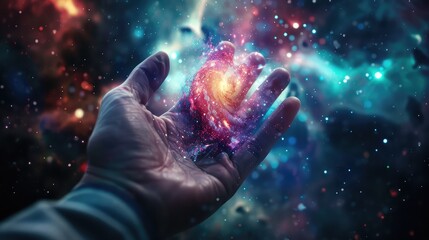 Wall Mural - a cosmic connection: man's hand reaching out to a glowing galaxy