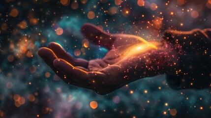 Wall Mural - a cosmic connection: man's hand reaching out to a glowing galaxy
