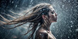 Женщина с распущенными волосами изображена на фоне капель воды.