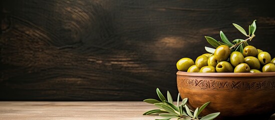 Aufkleber - Rustic Wooden Bowl Brimming with Fresh Olives and Olive Branch, Natural Mediterranean Flavors