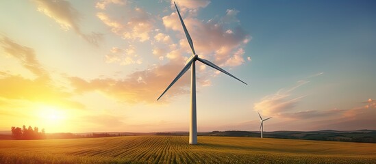 Poster - Rural Landscape with Wind Turbine Generating Clean Energy from Sunset Fields of Golden Wheat