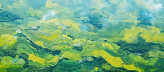 Wall Mural - Vivid Green and Yellow Landscape Under a Clear Blue Sky - A Picturesque Aerial View of Harvested Rice Fields