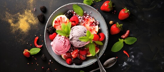 Sticker - Delicious Scoop of Strawberry Ice Cream Garnished with Fresh Berries and Mint Leaves