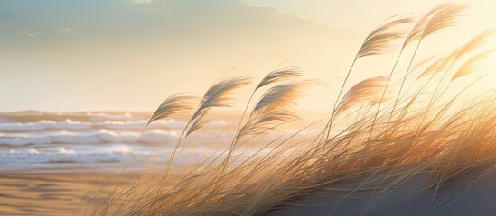 Aufkleber - Serene Beachscape with Wind-swept Wild Oats in Soft Morning Light
