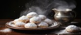 Fototapeta Zachód słońca - Delicate Eid Sweets with Tea: Celebratory Maamoul Cookies and Powdered Sugar on Kahk