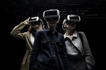 Wall Mural - Fashionable young people wearing a mixed reality headset and experiencing metaverse and cyberspace.