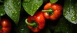 Vibrant Red Peppers Covered in Refreshing Water Droplets, Fresh and Crisp Farm Harvest