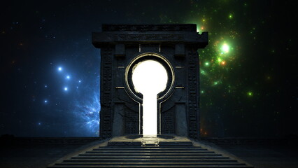 Wall Mural - ancient space gate portal to parallel world of universe. cosmos galaxy stars, luminous glow gateway.