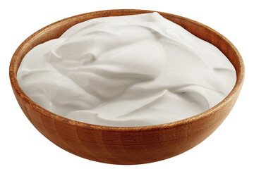 Wall Mural - Sour Cream in wooden bowl, Mayonnaise, Yogurt, isolated on white background, full depth of field