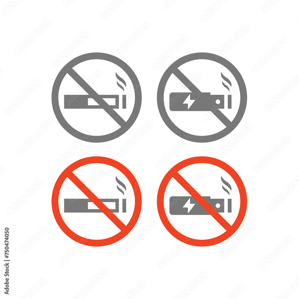 No smoking and vaping vector icon set. No electronic cigarette red sign ...