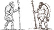 Single one line drawing stone age primitive man in animal hide pelt with big wooden club