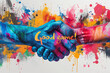 Painted handshake with vibrant splashes, 