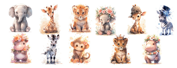 Wall Mural - Adorable Illustrated Baby Animals Collection: Elephants, Giraffes, Lions, Hippos, Zebras, and Monkeys in Various Poses