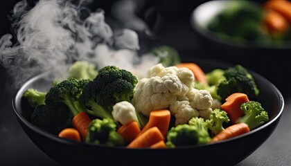 Wall Mural - A black bowl filled with broccoli, cauliflower, and carrots