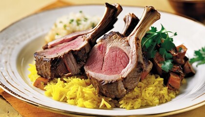 Wall Mural - A plate of lamb chops and rice with a garnish of parsley
