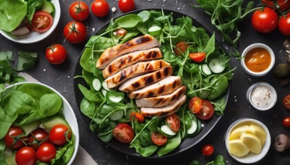 Wall Mural - A plate of salad with chicken and tomatoes on a black table