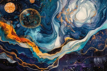 Wall Mural - abstract formations resembling planetary orbits and cosmic trajectories against a backdrop of swirli