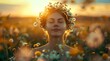 © yj - beauty girl with flowers in front her head holding meditation on her shoulders over sunset, in the style of light yellow and white, pictorial. generative AI