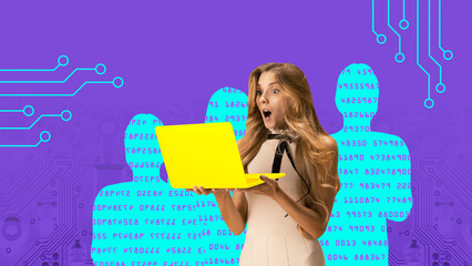 Modern aesthetic artwork. Shocked woman using laptop while silhouettes with encode stands behind her and monitors actions. Personal data protection. Concept of cybersecurity, digital crime, safety. Ad