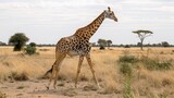 Fototapeta Sawanna - Giraffes graze in the fields amidst natural beauty.