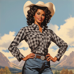 poc cowgirl wearing plaid western shirt with hands on hips in desert mountain range vista vintage americana painting